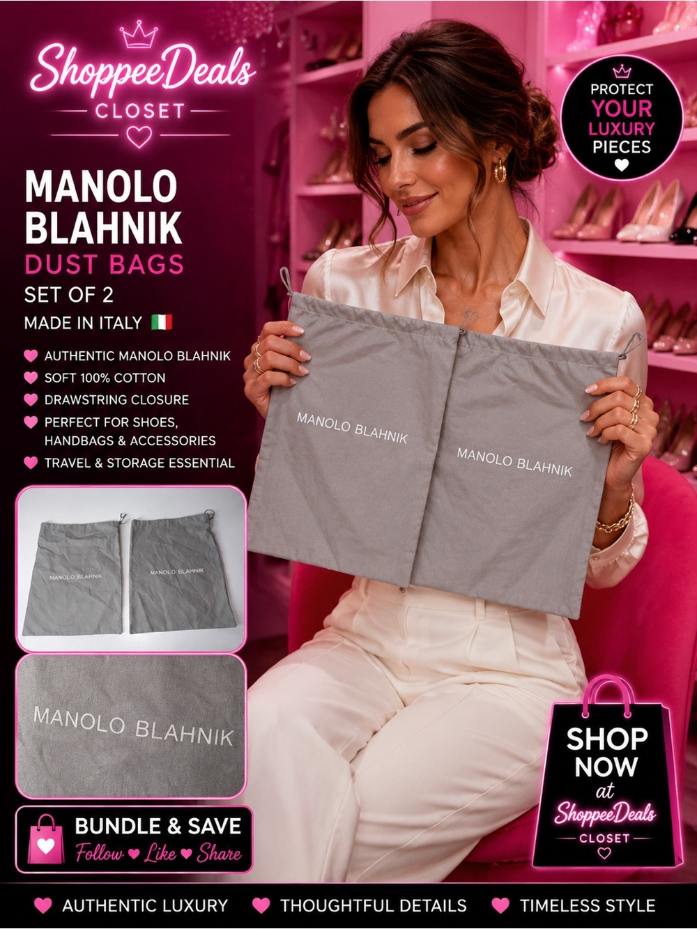 Manolo Blahnik Gray Cotton Drawstring Shoe Dust Bags Set of 2 Made in Italy